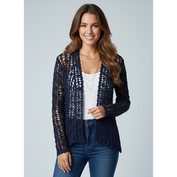 Vintage Y2K Anthropologie Navy Blue Crochet Open Front Cardigan Cottagecore Boho - Picture 1 of 15